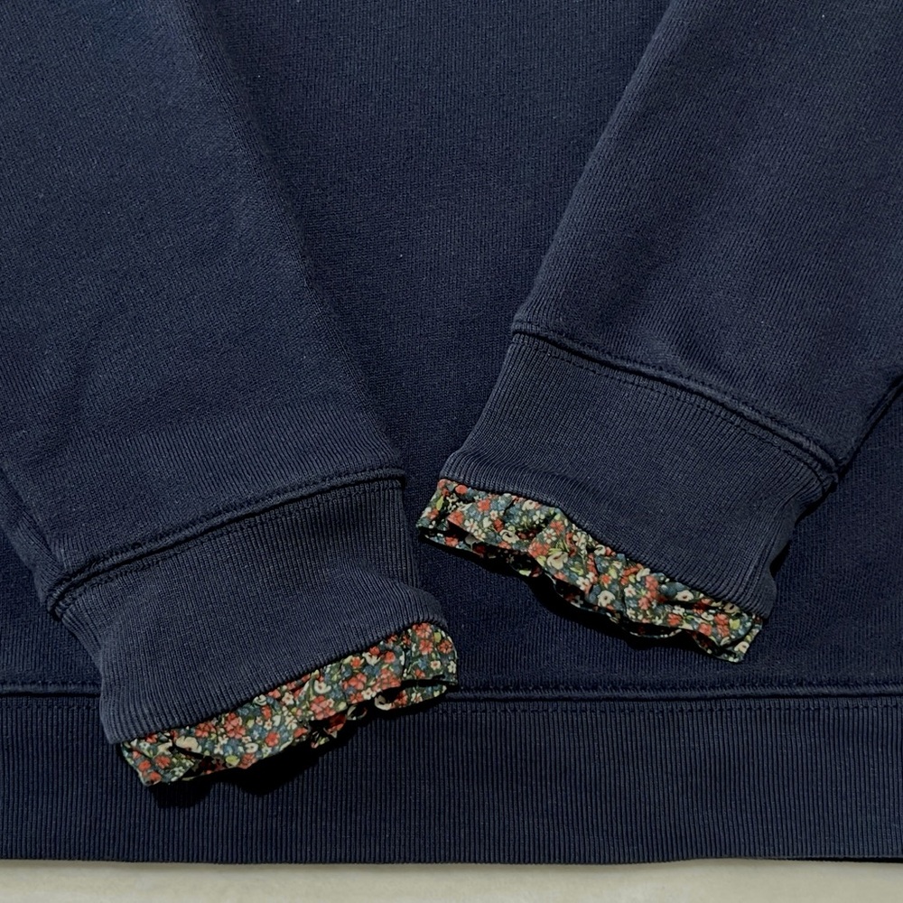 J. Crew Woven Ruffleneck Pullover Sweatshirt Floral Trim Gold Zip Navy Small - Picture 8 of 17